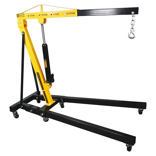 2 Ton Hydraulic Folding Engine Crane RocwooD Hoist Lift Stand 2000kg Garage Floor Stand Lift Jack for Garage Car Lifting Tools Caster Wheels Black/Yellow