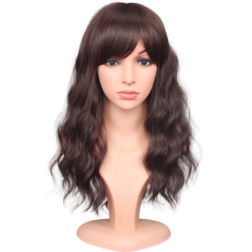 Medium Length Dark Brown Wavy Wigs With Bangs For Women - Heat Resistant Synthetic Brown Wigs For Daily Use (DARK BROWN(2#))