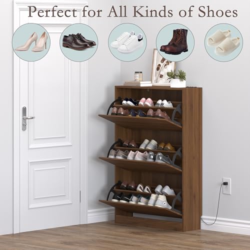 Image of BORNOON Shoe Cabinet with Odor Control and Back Panels, Deodorizing Slim 3-Flip Shoe Storage Cabinet for Entryway, Freestanding Hidden Shoe Rack Organizer for Entrance, Hallway, Bedroom