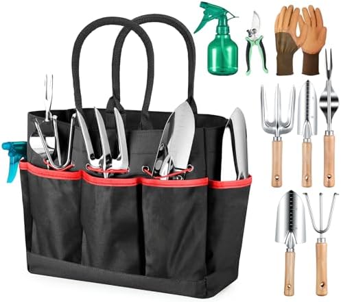 Grenebo Garden Tools 9-Piece Heavy Duty Gardening Hand Tools with Fashion and Durable Garden Tools Organizer Handbag, Rust-Proof Garden Tools Set, Ideal Gardening Gifts for Women (Black Red)