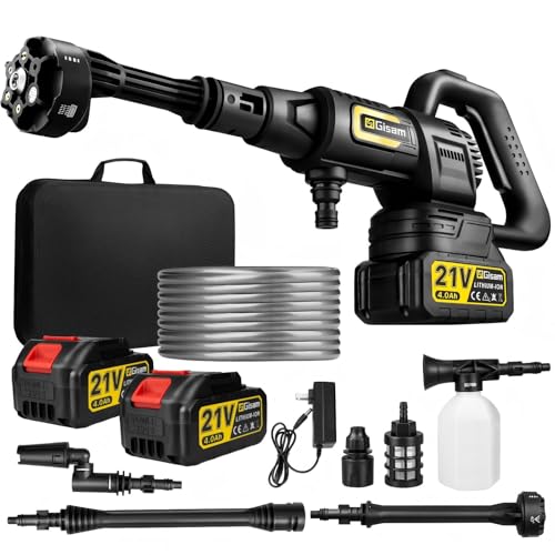 Nettoyeur Haute Pression sans Fil, Pressure Washer 3 Modes Max 65 Bars, Nettoyeur Haute Pression Mobile avec 2 Batteries 4,0 Ah, Buse Pivotante 6 en 1 Et 180°,Tuyau De...