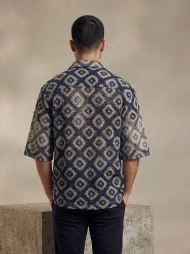 Image of GRECIILOOKS Men`s Shirt | Mens Casual Crochet Knitted | Half Sleeve Printed Crochet with Cuban Collar Shirt`s | Relaxed fit Down Shoulder Textured & Stylish Premium Mens Shirt
