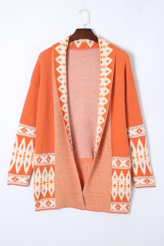 Women's Stylish Orange Aztec Print Open Front Knitted Cardigan4