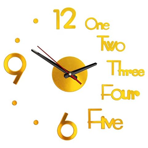 Fusiontec Frameless DIY Wall Clock, Modern 3D Acrylic Mirror Wall Clock Decor Sticker DIY Clock Kit for Home Living Room Bedroom Office Wall Decorations, 16 Inches Gold Cover