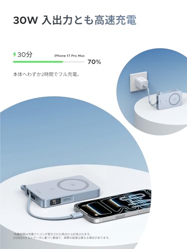 undefined UGREEN MagFlow Qi2 25W 認証 モバイルバッテリー (10000mAh・30W) USB-Cケーブル内蔵 iPhone17-16シリーズ 25W Magsafe対応 マグネット式ワイヤレス急速充電 ディスプレイ搭載 25Wワイヤレス充電/30W有線充電対応 強力な吸着力 PSE技術基準適合 iOS 26バージョンのスマホに対応 マグネット対応機種に適用 PB773 の商品画像 6