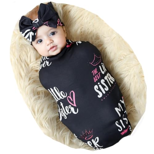Image of Galabloomer Newborn Receiving Blanket Headband Set Flower Print Baby Swaddle Blankets (Black Sister)
