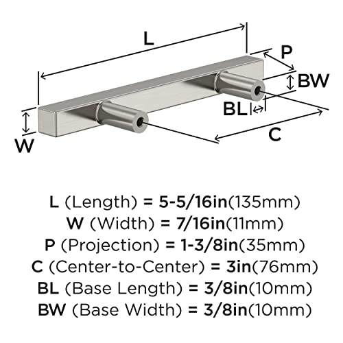Image of Amerock 25 Pack 3 inch Bar Pulls Square Satin Nickel Drawer Pull | 3 inch (76mm) Center-to-Center Mounting Distance and 5-5 /16 inches Overall Length, Durable Zinc Cabinet Hardware