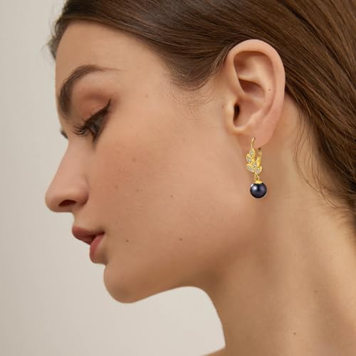 Pearl Dangle Earrings for Women - 14K Yellow Gold Plated Pearl Drop Earrings Leaf Cubic Zirconia Earrings 8mm Statement Drop Earrings Gifts for Brides Mom - Image 4