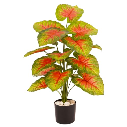 Image of ARICK Decor 2.1Ft Artificial Caladium Plant with 18 Leaves, 65cm Tall Faux Tropical Red & Green Potted Tree in Black Pot, Realistic Large Silk Heart-Leaf Fake Plant for Living Room,