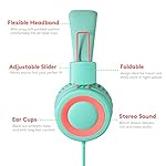 Nilogie-A21-Kids-Headphones-for-SchoolPCCellphoneAirplane-Travel-with-35mm-Jack-Children-Boys-Girls-Foldable-Wired-On-Ear-Headset-Mint-Coral