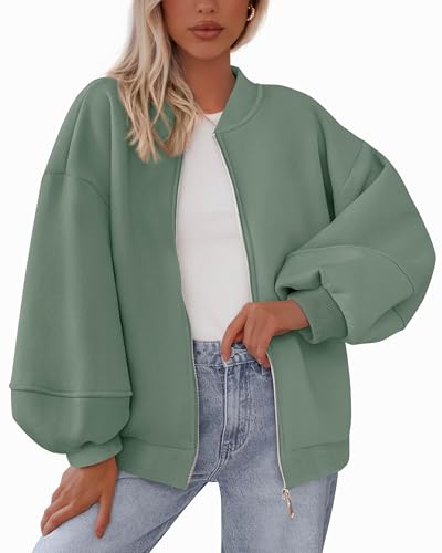 KIRUNDO Oversized Sweatshirt for Women Zip Up Bomber Jacket 2026 Fall Fashion Casual Long Sleeve Outerwear Winter Outfits(Light Green, X-Large)