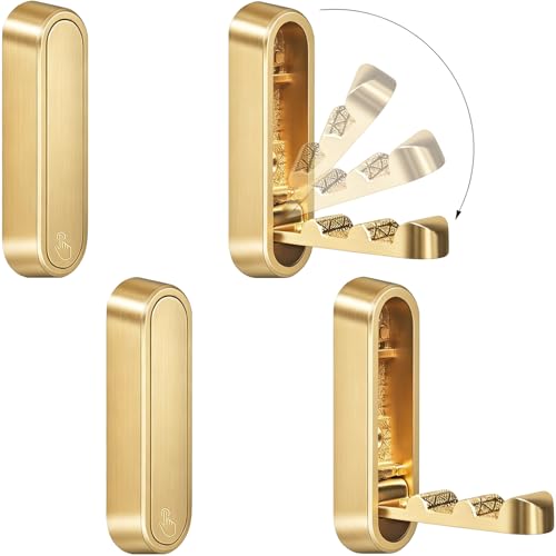 XSGTZMJ 4PCS Folding Coat Hooks, Heavy Duty Wall Hooks Made of Zinc Alloy, Foldable Gold Wall Hooks for Hanging Coats, Scarves, Hats, Bathrobes, Keys, Bags (Gold)