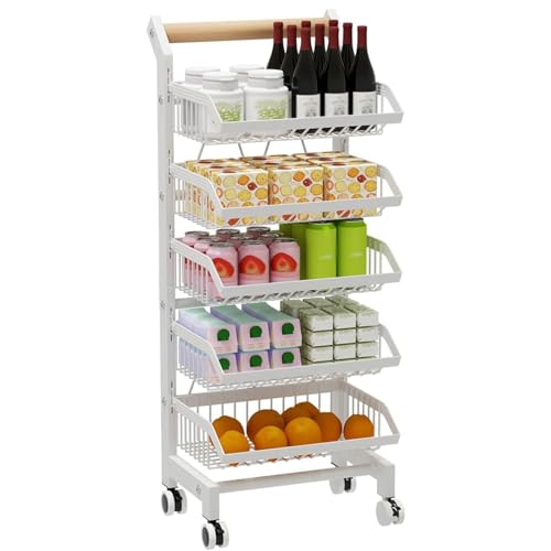 Carrito de cocina de 5 niveles con ruedas, cesta de almacenamiento de frutas y verduras, estantes ajustables con asas de madera
