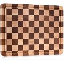 Checkered Cutting Board, Wooden Checkerboard Cutting Board for Kitchen 16 x 12 x 1", Rubber Wood Butcher Block Chopping Board with Juice Grooves & Handles for Meat, Vegetables & Cheese