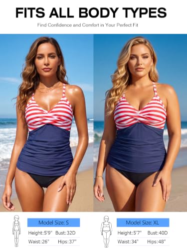Image of RELLECIGA Women's Tummy Control Tankini Top | V Neck,Front Twist,Ruched,Push Up Molded Cup,Fully Lined,Adjustable Shoulders,Crossback,Modest Bathing Suit Top