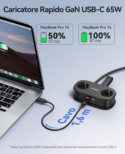 ORICO 65W GaN Travel Power Strip mit 6-in-1-Ladeanschlüssen (2 AC-Steckdosen/2 USB-A/2 USB-C), Flachstecker und 1,6 Verlängerungskabel, Schnellladegerät für MacBook Pro/Air, iPad Pro, iPhone 15/14/13