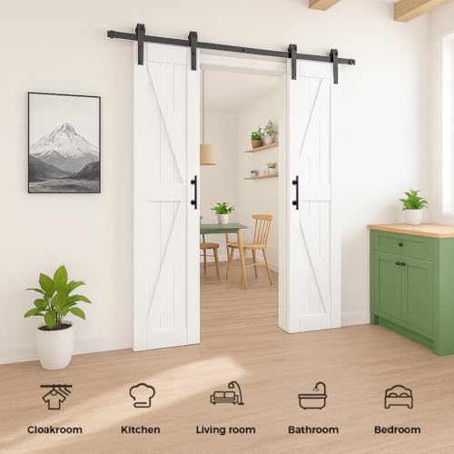 Image of S&Z TOPHAND 18in x 84in MDF Double Barn Door with 6FT Sliding Door Hardware Kit, Solid Barn Door Slab Covered with Water-Proof PVC Surface