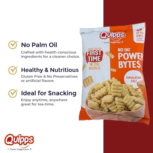 Image of Quipps No Fat Power Bytes Himalayan Salt | Gluten-Free Vegan Healthy Puffs | Non-GMO, No Preservatives | High Protein Plant-Based Munchies | Non-Fried Low-Calorie Snack for Fitness, Weight Loss & Energy | Light & Crunchy Office-Time Snack | Vegetarian | 60g