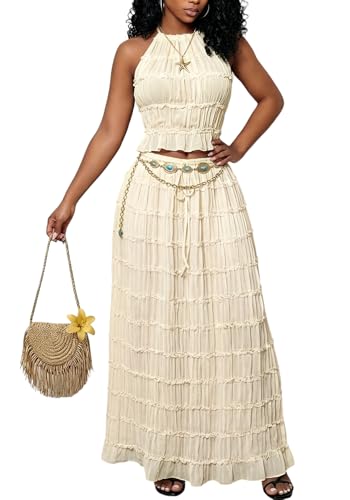 LETSVDO Skirt Sets Women 2 Piece Outfits Backless Halter Top And Pleated Ruffle Flowy Maxi Skirts Y2k Beach Vacation Set