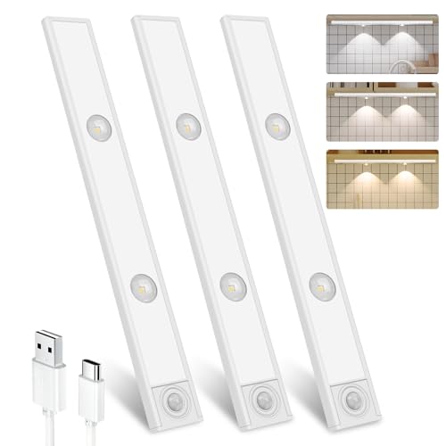 Under Cupboard Kitchen Lights, 3 Pack 30 cm 3 Modes Motion Sensor Under Cabinet Kitchen Lights,2000mAh USB-C Rechargeable Dimmable Wardrobe Light,3 Color Temps Closet Light for Kitchen Stairs Hallway