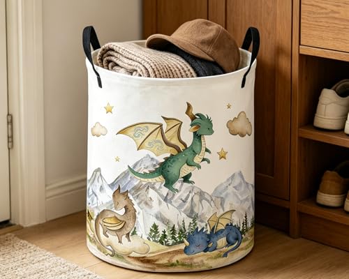 Image of ESSME Kids Laundry Basket,Dinosaur Hamper Collapsible Canvas Waterproof Storage Bin for Girls, Cute Hamper,Gift Baskets(Mountain dinosaur)