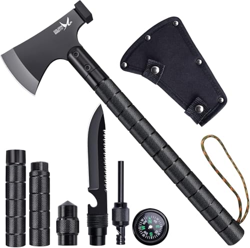 Golden Bird Axt Survival 9 in 1, Camping Survival Axt Set, Scharfe Camping Beil Multitool mit Hammerscheide Pfeife, Kompass