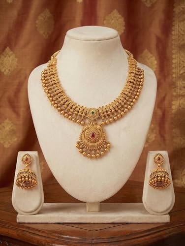 Image of Gold-Plated Antique Temple Jewellery Set for Women - Traditional Necklace with Large Peacock Pendant & Matching Jhumka Earrings | Ethnic Festive & Bridal Wear Set with Ruby & Emerald Accents