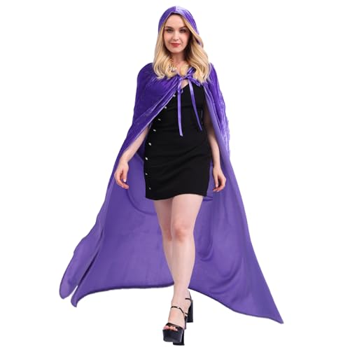 Largo Capa con Capucha Negra Terciopelo,Unisex Larga Disfraz Mujer Disfraces de Bruja Vampiro Halloween Carnaval para Unisex Adulto Fiesta(Violett,M)