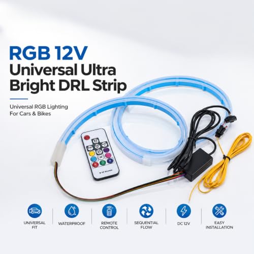 Image of RGB 12V Universal Ultra Bright Daytime Running LED Lights Waterproof Strip DRL Lamp for Cars & Bikes with Remote Sequential Flow RGB (Multicolor) Turn Signal Light Lamp DRL
