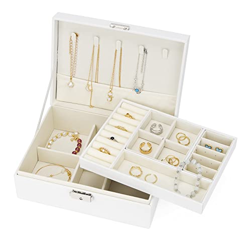 ZOUIQSS Boîte à bijoux avec 2 niveaux verrouillable en cuir synthétique pour bagues, boucles d'oreilles, colliers, bracelets, bijoux, boîte cadeau, boîte à bijoux (blanc) Cover