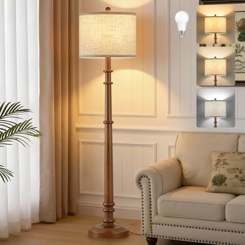 Image of Floor Lamps for Living Room - 60 inch Farmhouse Floor Lamp with Adjustable Color Temperatures - Vintage Standing Lamp Reading Light with Linen Shade Rustic Tall Lamp for Bedroom Office, Dining Room, Wood