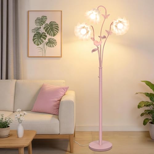 Image of TOBUSA Flower Floor Lamp for Bedroom, 3-Light Vintage Pink Standing Lamp with Flexible Gooseneck, 75'' Tall Retro Floral Stand Up Lamp for Living Room, Modern Unique Cute Flower Corner Lamp for Girl