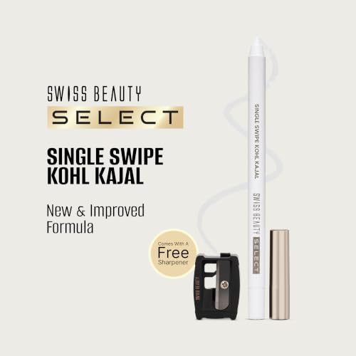 Image of Swiss Beauty Select Single Swipe Kohl Kajal | New & Improved Formula | Comes With A Sharpener | Waterproof & Transfer-Proof | 12H Stay| 03 Pure White
