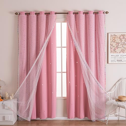 Image of 52x63 2-in-1 Double-Layer Kids & Girls Unicorn Princess Blackout Curtains with Foil Print Sheer, 2 Panels Set - Pure Pink