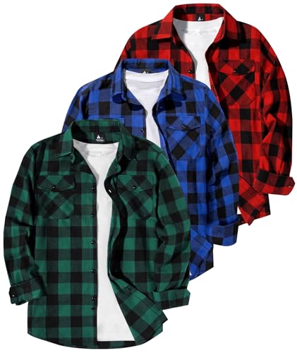 GEEK LIGHTING 3 Pack Flannel Shirt for Men Western Cowboy Shirts Casual Button Down Shirt Long Sleeve Plaid Shirts with 2 Pockets