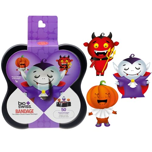 Image of BioSwiss Bandages, Halloween Ghouls Shaped Self Adhesive Bandage Set, Latex Free, Sterile Wound Care, 50 Count