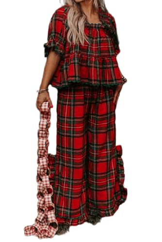 Image of Argeousgor Women Plaid 2 Piece Pajama Set Button Down Puff Sleeve Babydoll Shirt Gingham Pants Pj Lounge Set Sleepwear