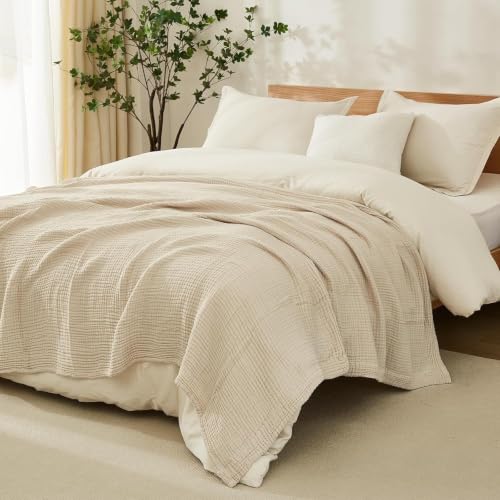 Image of EMME Muslin Blankets for Adults Throw Blanket for Couch Breathable Gauze Soft Lightweight Airy Beige Throw XL 50 inch x 71 inch