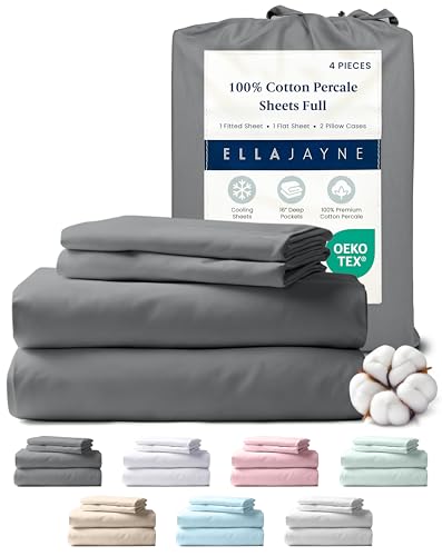 Ella Jayne Percale Sheets Full (4 Pieces) Permium 100% Cotton Percale TC300, Hotel Luxury Collection, Deep Pockets and Cooling Cotton Percale Sheets Full (Charcoal)
