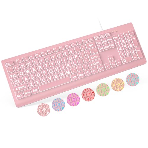 SABLUTE Large Print Backlit Keyboard, Wired USB Lighted Computer Keyboards with 7-Color & 4 Modes Backlit, Oversize Letters Keys Easy to See and Type, Quiet Keyboard Compatible for PC, Laptop -Pink