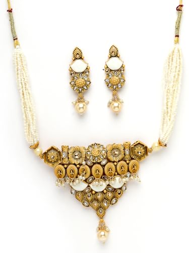 Image of Adiva Stylish Traditional Gold-Plated Kundan Stone Pearls & Beads Meenakari Handcrafted Necklace with Earrings Jewellery Set for Women & Girls