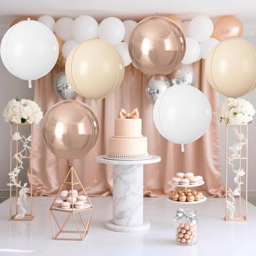 Image of 9 Pcs Cream White Gold Round Foil Balloons,22 Inch Round Balloons | Cream White Gold Giant 4D Round Ball Balloons For Boho Wedding Birthday Bridal Shower Engagement Anniversary Decorations