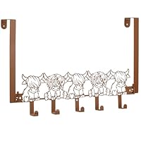 AceOrbit Brown Highland Cow Over The Door Hooks Hanger Wall Mount Towel Hanger Door Holder Organizer 5 Hooks Kawaii Farmhouse Rustic Coquettish Style Decor for Bedroom Bathroom Towel Hat Clothes