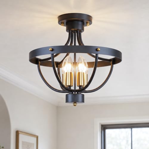 Lámpara de techo de 15" y 4 luces plafón rústico negro de estilo granja industrial para salón