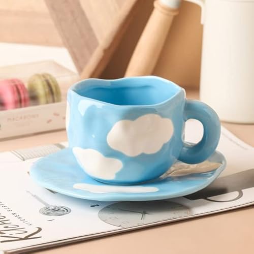 Peint à la Main Le Ciel Bleu et Les Nuages ​​Blancs Tasse à café avec Soucoupe en céramique à la Main Tasse à thé Soucoupe Cover