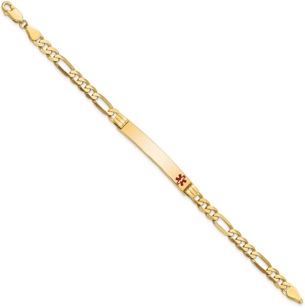 JewelryWeb 6.5mm 14k Solid Yellow Gold Medical Red Enamel Flat Figaro Link ID Bracelet Identification Bracelet for Women
