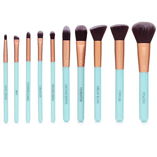 Nicole Miller Makeup Brush Collection, 10 Piece Makeup Brush Gift Set, Foundation Brushes, Face and Eye Makeup Brush Set (Green)