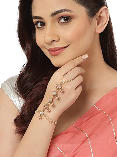Image of Karatcart Gold Plated Baby Pink Pearl Chain Kundan Hathphool