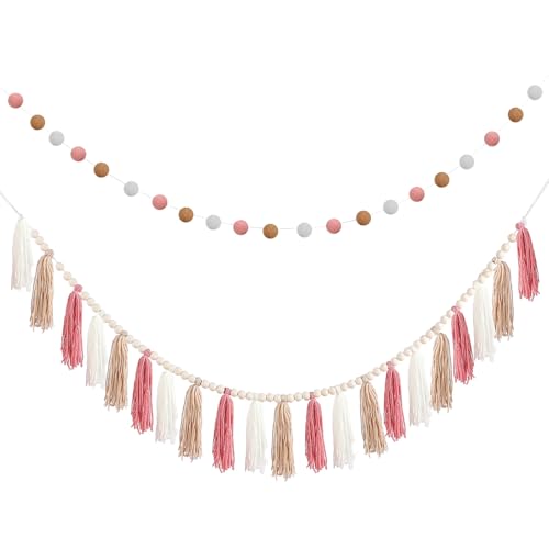 Image of SmoothNovelty 2 Pcs Boho Tassel Garland Decor Include 1 Boho Tassel Garland with Wood Beads and 1 Colorful Pom Pom Ball Wall Hanging Banner for Nursery Classroom Baby Shower Decor(Pink)