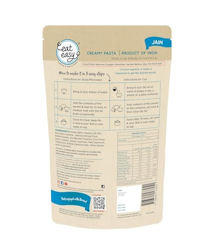 Image of Eat Easy Ready To Eat Jain Pasta- 100gm (Pack of 2) | Freeze Dehydrated | Just Add Water and Cook | No Onion No Garlic, Vegetarian Healthy Instant Creamy Pasta Food for Travel, Trekking, Campign, Hostel